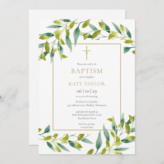 Greenery Foliage Baptism Christening Uitnodiging (Voorkant / Achterkant)