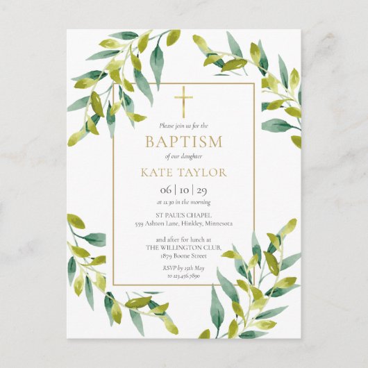 Greenery Foliage Baptism Christening Uitnodiging Briefkaart (Voorkant)