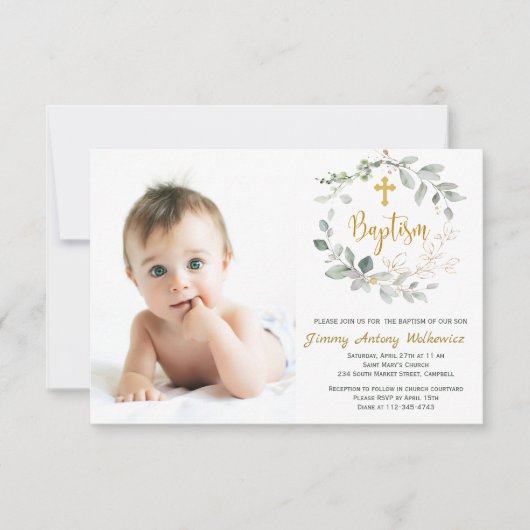 Greenery foliage Baptism Photo Invitation Card Bedankkaart (Voorkant)