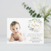 Greenery foliage Baptism Photo Invitation Card Bedankkaart (Staand voorkant)