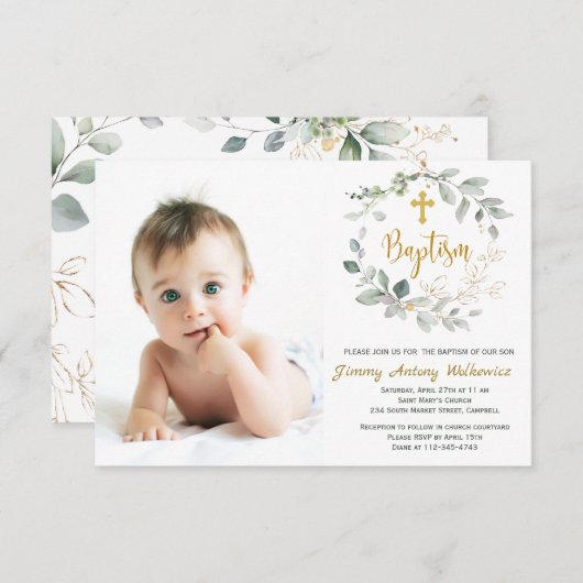 Greenery foliage Baptism Photo Invitation Card Bedankkaart (Voorkant / Achterkant)