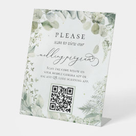 Greenery Foliage Botanical QR code Wedding Program Reclamebord Met Voetstuk