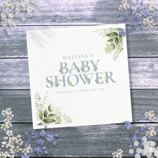 Greenery Foliage Boy Dusty Blue Baby shower Servet