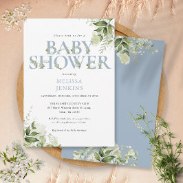 Greenery Foliage Boy Dusty Blue Letter Baby shower Kaart