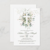 Greenery Foliage Cross Baby Baptism Enclosure Kaar Informatiekaartje (Voorkant / Achterkant)