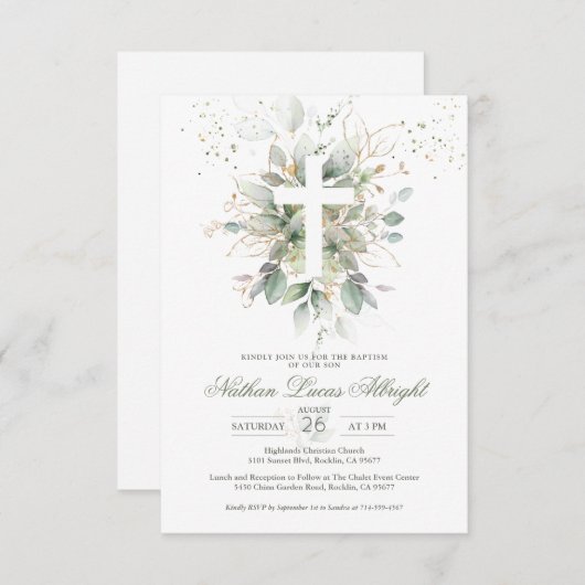 Greenery Foliage Cross Baby Baptism Enclosure Kaar Informatiekaartje (Voorkant / Achterkant)