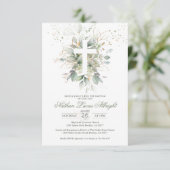 Greenery Foliage Cross Baby Baptism Enclosure Kaar Informatiekaartje (Staand voorkant)