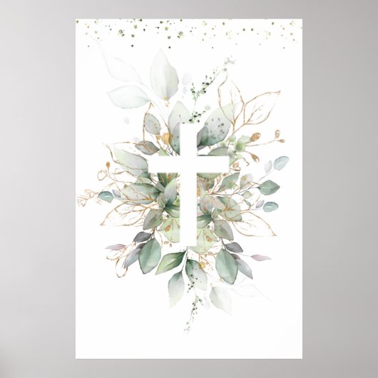Greenery Foliage Cross Baby Baptism Poster (Voorkant)