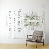 Greenery Foliage Cross Baby Baptism  Wandkleed (In Situ (horizontaal))