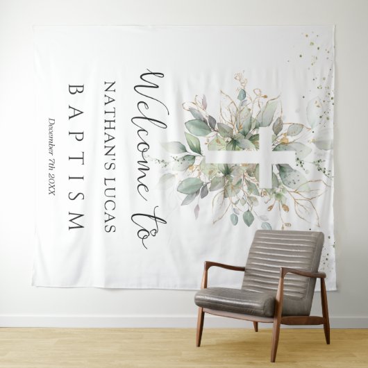 Greenery Foliage Cross Baby Baptism  Wandkleed (In Situ (horizontaal))