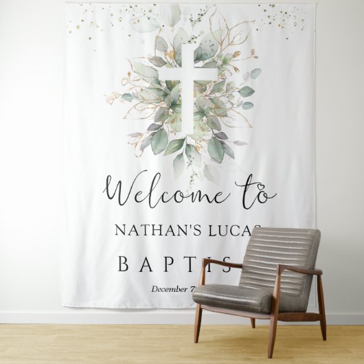 Greenery Foliage Cross Baby Baptism  Wandkleed (In situ)
