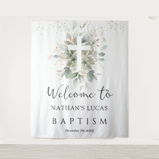 Greenery Foliage Cross Baby Baptism  Wandkleed (Voorkant)