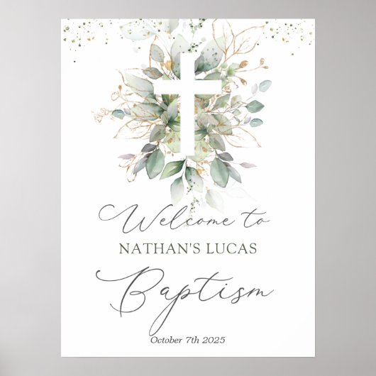 Greenery Foliage Cross Baby Baptisme Poster (Voorkant)