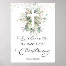 Greenery Foliage Cross Baby Christening Poster