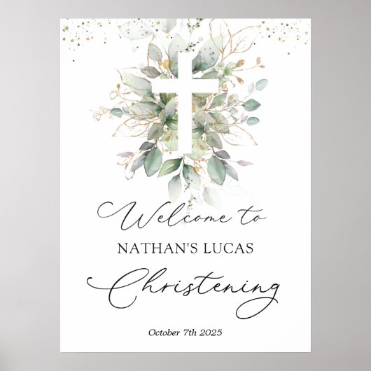 Greenery Foliage Cross Baby Christening Poster (Voorkant)