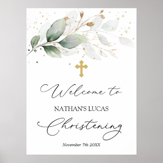Greenery Foliage Cross Baby Christening Poster (Voorkant)