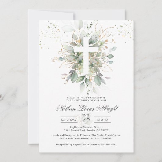 Greenery Foliage Cross Baby doopuitnodiging Kaart (Voorkant)