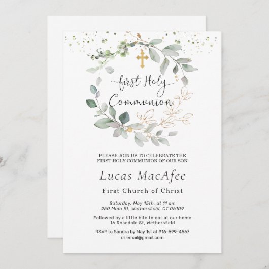 Greenery Foliage Cross First Community Invitation Kaart (Voorkant / Achterkant)