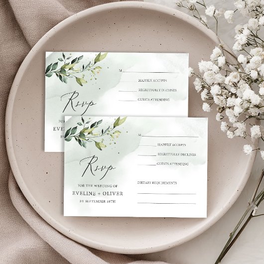 Greenery foliage eucalyptus leaves boho wedding RSVP kaartje