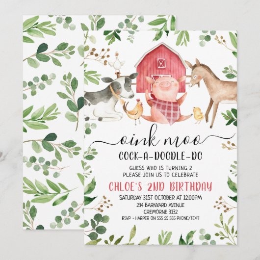 Greenery Foliage Farm Animals 2e verjaardag Kaart (Voorkant / Achterkant)