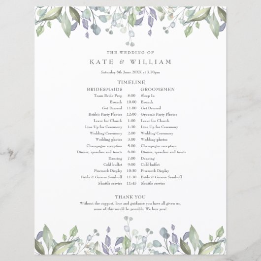 Greenery Foliage Floral Wedding Schedule (Voorkant)
