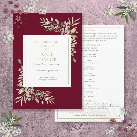 Greenery Foliage Funeral Memorial Order of Service Programmakaart