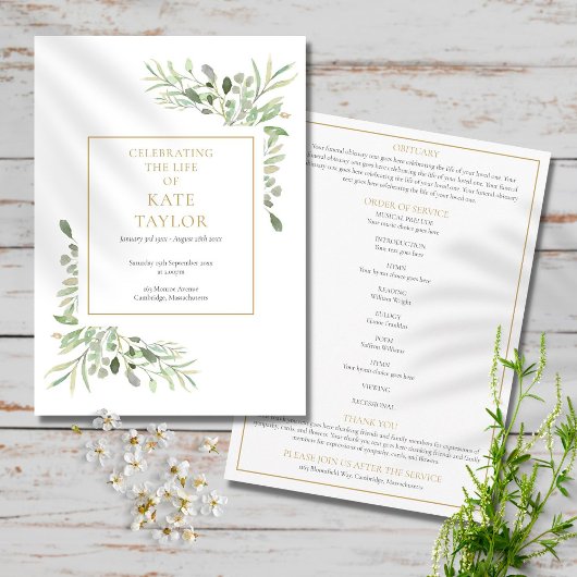 Greenery Foliage Funeral Memorial Order of Service Programmakaart