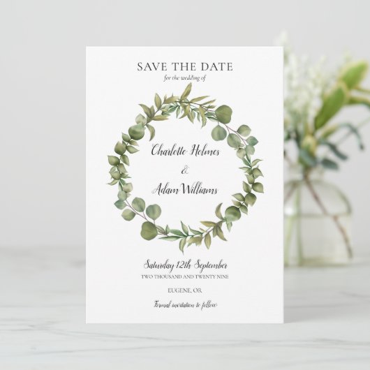 Greenery Foliage Garland Foto bruiloft Save The Date (Staand voorkant)