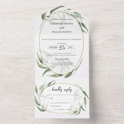 Greenery Foliage Geometric Lijst Weddenschap met R All In One Uitnodiging (Binnen)