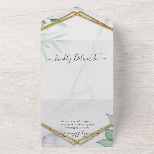 Greenery Foliage Glitter Gold Wedding All In One Uitnodiging (Buitenkant)