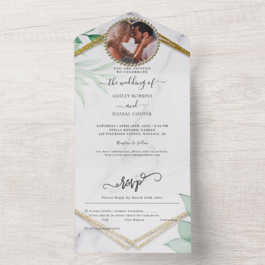 Greenery Foliage Glitter Gold Wedding All In One Uitnodiging (Binnen)