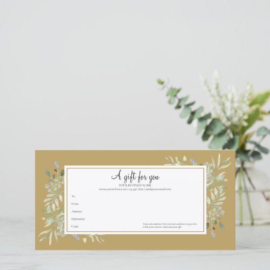 Greenery Foliage Gold Business Gift Certificate (Staand voorkant)