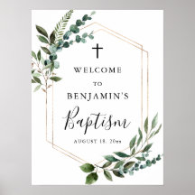 Greenery Foliage Gold Cross Baptism WelkomstPoster