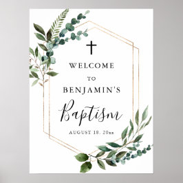 Greenery Foliage Gold Cross Baptism WelkomstPoster Poster