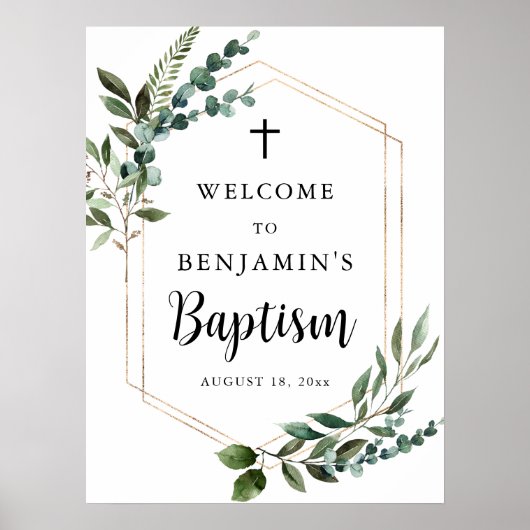 Greenery Foliage Gold Cross Baptism WelkomstPoster Poster (Voorkant)