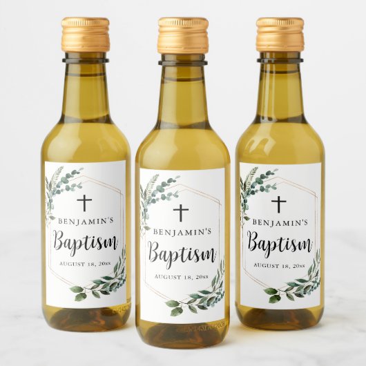 Greenery Foliage Gold Cross Baptism Wijnlabel Wijn Etiket (Flessen)