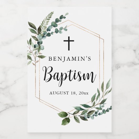 Greenery Foliage Gold Cross Baptism Wijnlabel Wijn Etiket (Enkel label)