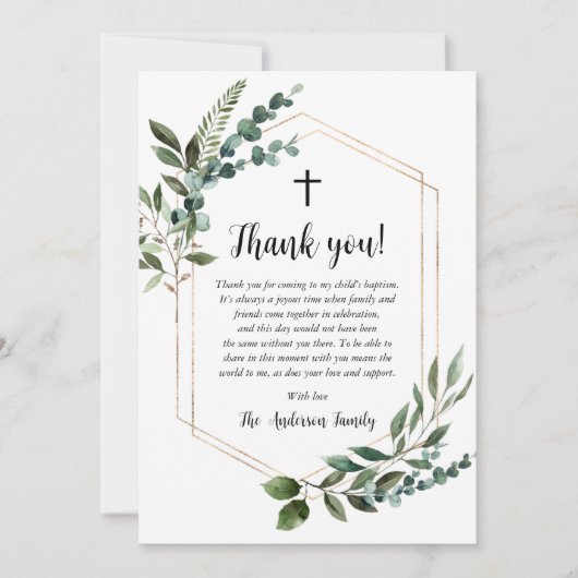 Greenery Foliage Gold Cross Baptisme Hartelijk dan Kaart (Voorkant)
