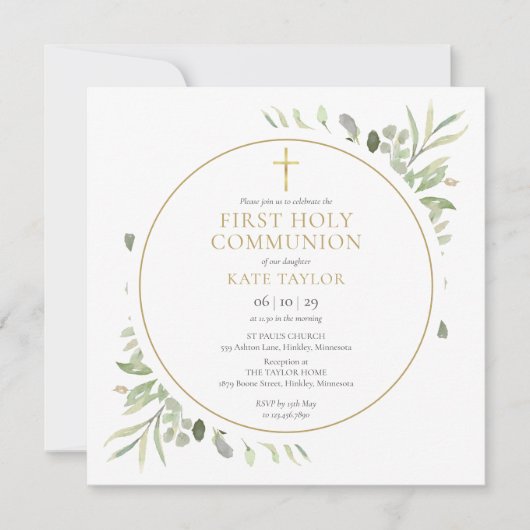 Greenery Foliage Gold First Heilige Communie Kaart (Voorkant)