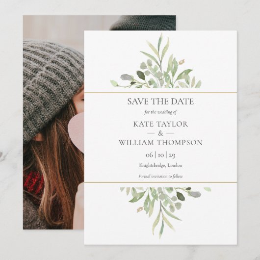 Greenery Foliage Gold Geometric Photo Wedding Save The Date (Voorkant / Achterkant)