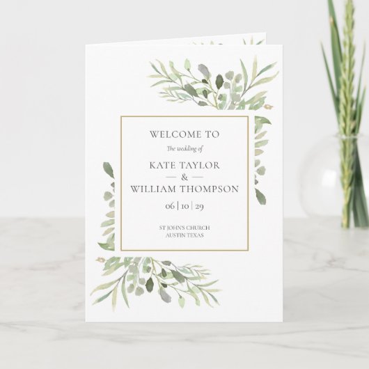 Greenery Foliage Gold Geometric Wedding Programma (Voorkant)