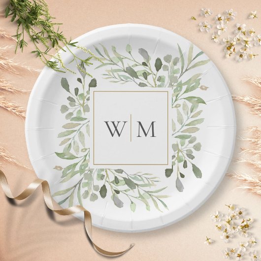 Greenery Foliage Gold Monogram Weddenschap Paper B Papieren Bordje