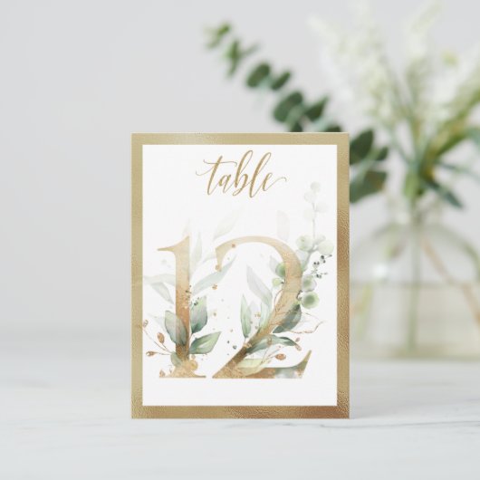 Greenery Foliage Gold Table Numbers, Tabel 12 Card Briefkaart (Staand voorkant)