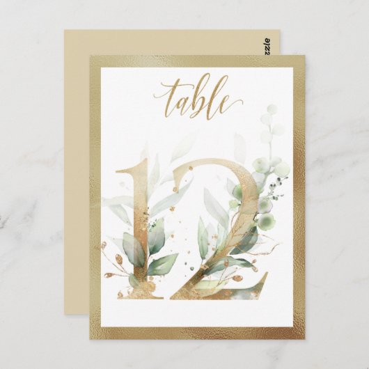 Greenery Foliage Gold Table Numbers, Tabel 12 Card Briefkaart (Voorkant / Achterkant)