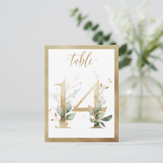 Greenery Foliage Gold Table Numbers, Tabel 14 Card Briefkaart (Staand voorkant)