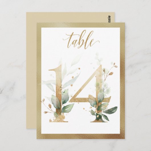 Greenery Foliage Gold Table Numbers, Tabel 14 Card Briefkaart (Voorkant / Achterkant)