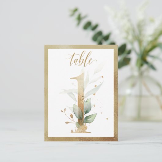 Greenery Foliage Gold Table Numbers, Tabel 1 Card Briefkaart (Staand voorkant)