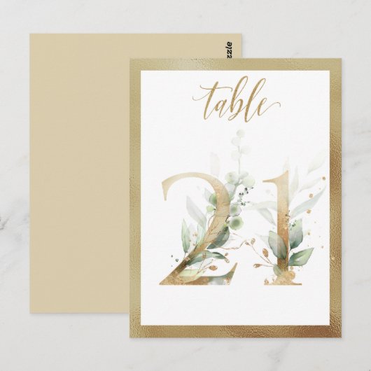 Greenery Foliage Gold Table Numbers, Tabel 21 Card Briefkaart (Voorkant / Achterkant)