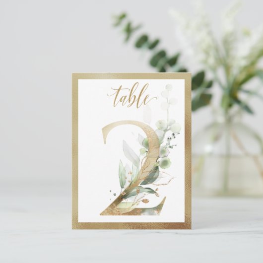 Greenery Foliage Gold Table Numbers, Tabel 2 Card Briefkaart (Staand voorkant)