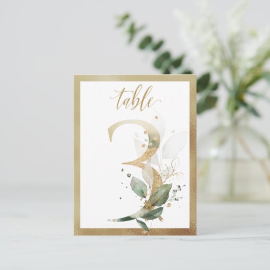 Greenery Foliage Gold Table Numbers, Tabel 3 Card Briefkaart (Staand voorkant)